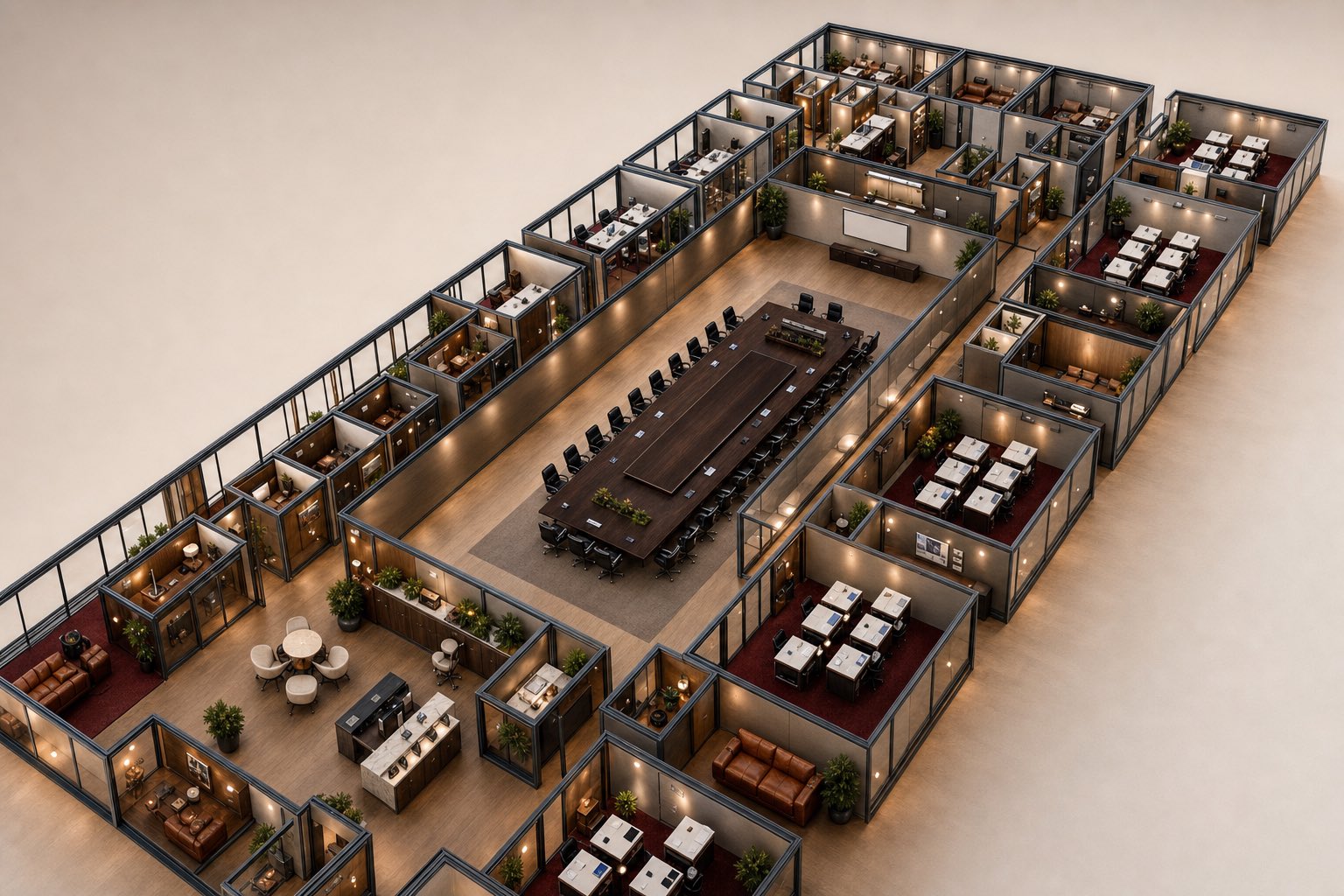 An isometric cutaway of the OpenAGI office floor: a central boardroom ringed by glass work pods, lounges, a kitchen, and reception.