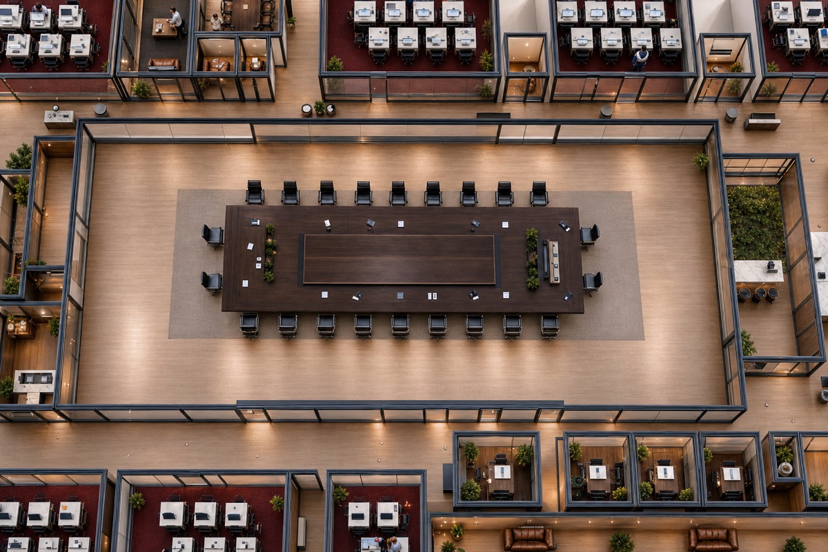 A top-down view of the OpenAGI boardroom table framed symmetrically by glass work pods, warm downlights, greenery.