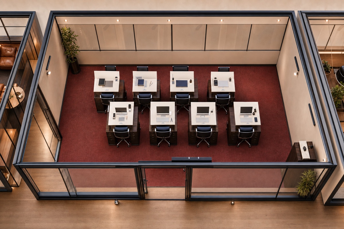 A glass-walled work pod with eight desks and monitors, warm oak floor, oxblood carpet, live greenery.